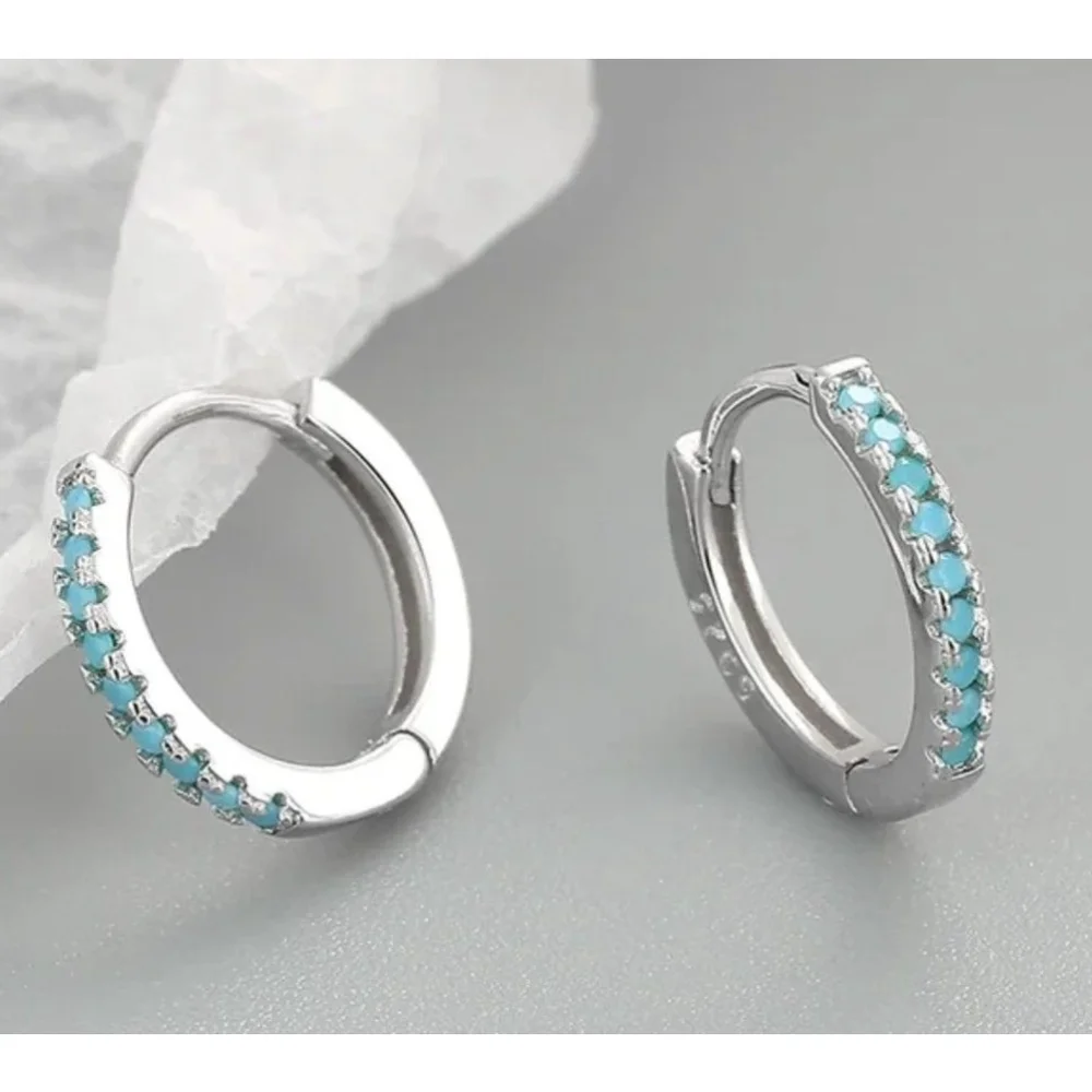NEW Mens‎ Unisex Turquoise 925 Sterling Silver Hoop Earrings, 9mm